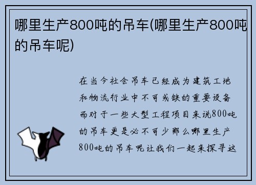 哪里生产800吨的吊车(哪里生产800吨的吊车呢)